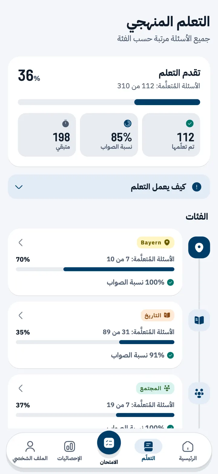 مركز الدراسة مع أسئلة اختبار الجنسية (Einbürgerungstest) مرتبة حسب المواضيع