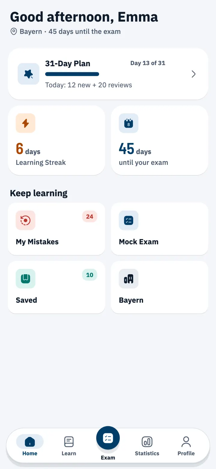 Home screen with the 31-Day Study Plan and the countdown to the exam