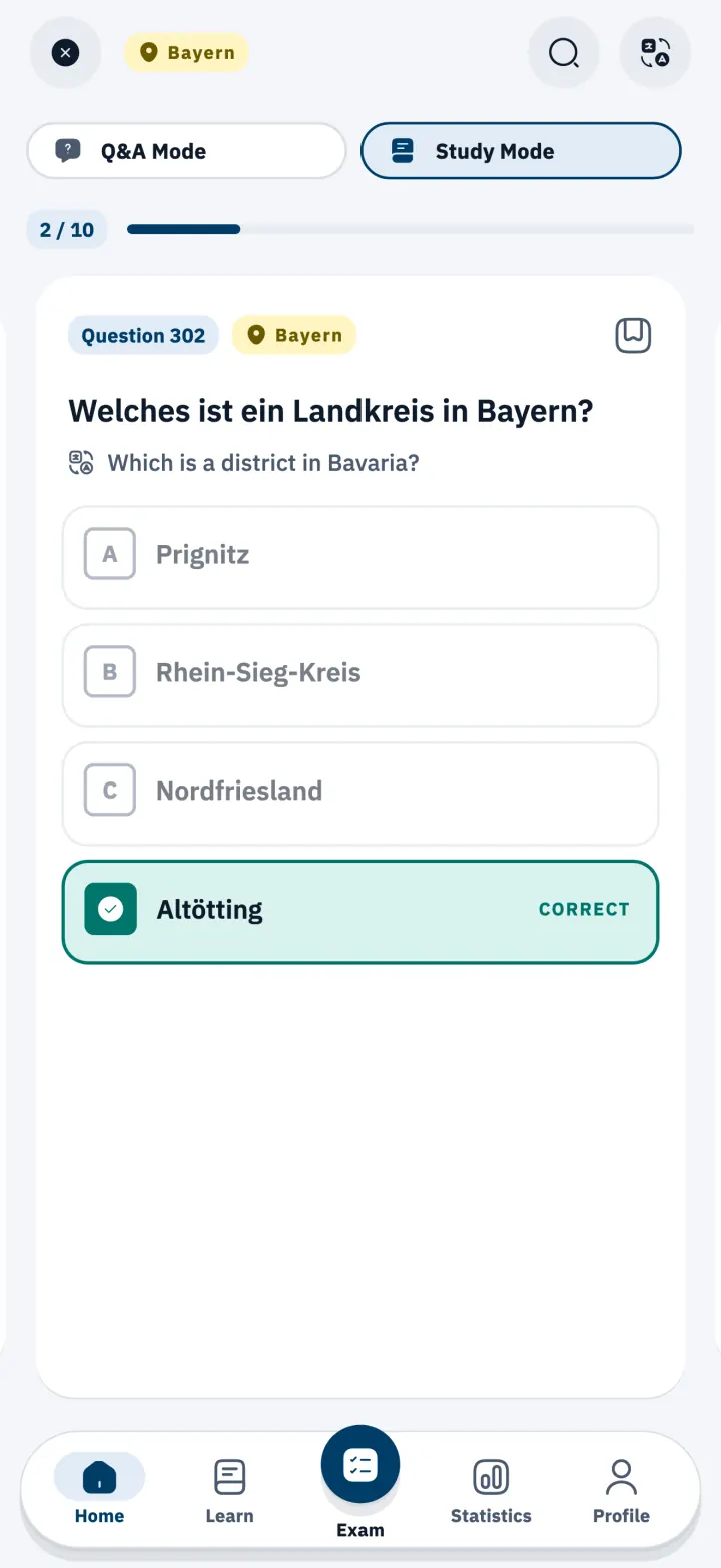 Einbürgerungstest question about the state of Bavaria in learning mode