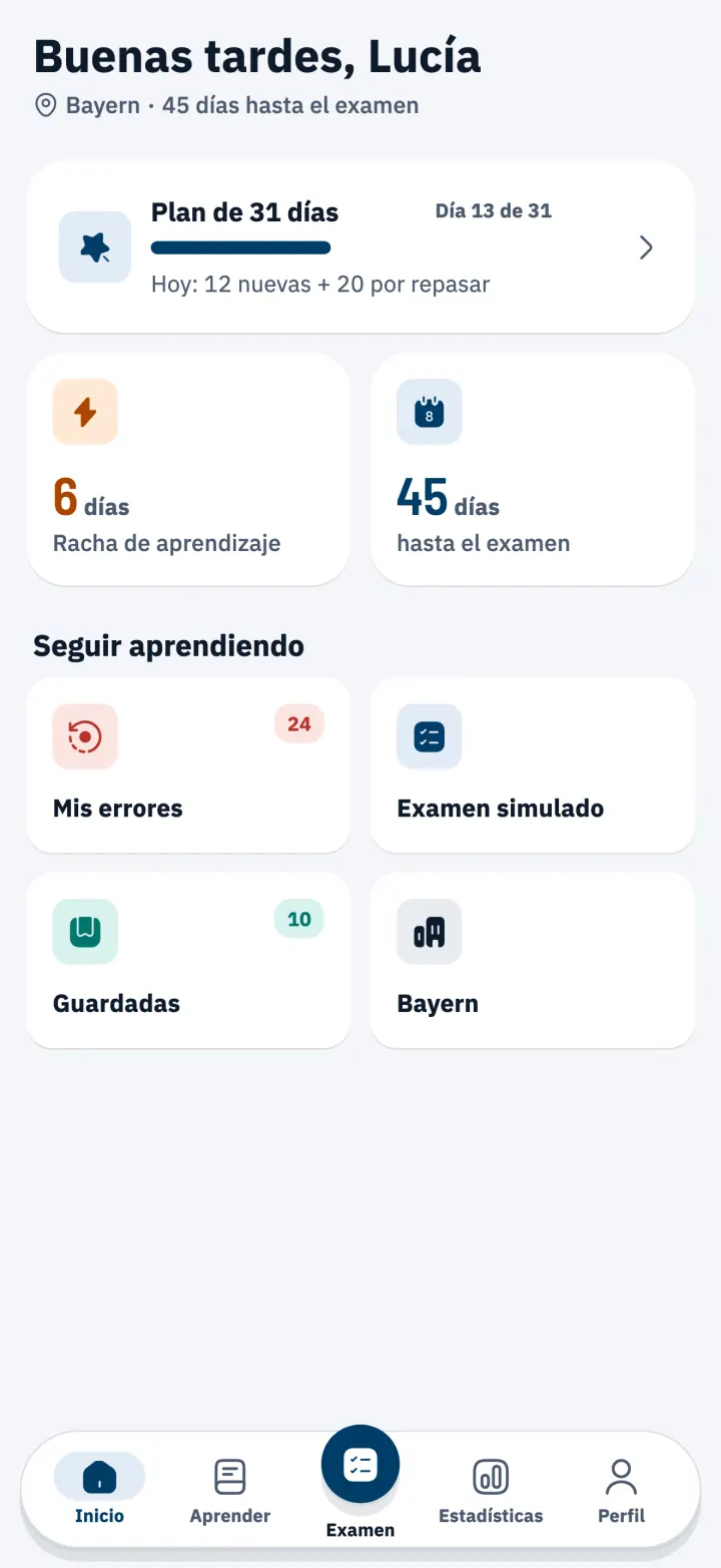 Pantalla de inicio con el Plan de estudio de 31 días y la cuenta atrás hasta el examen