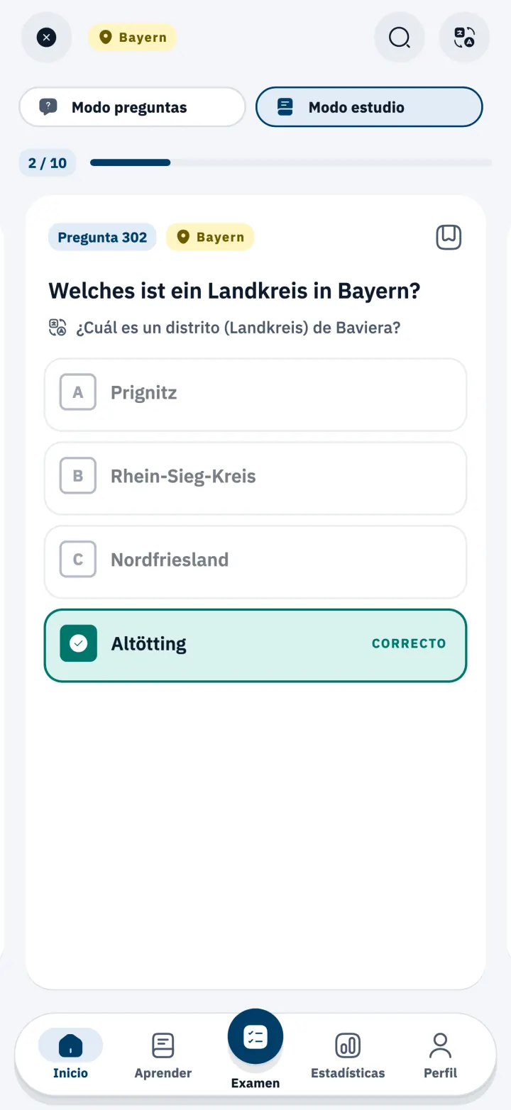 Pregunta del Einbürgerungstest sobre Baviera en el modo de estudio