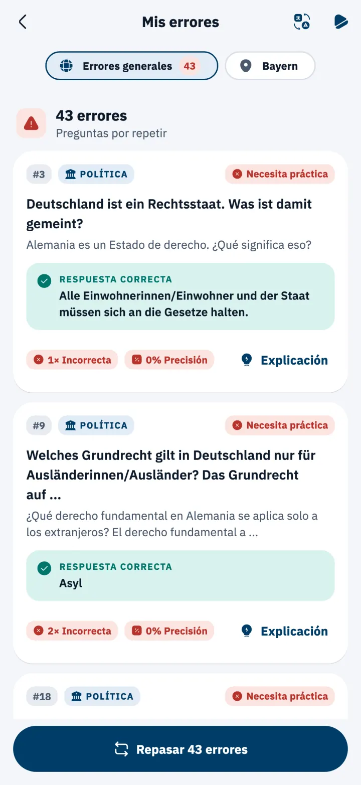 Lista Mis errores con las respuestas correctas