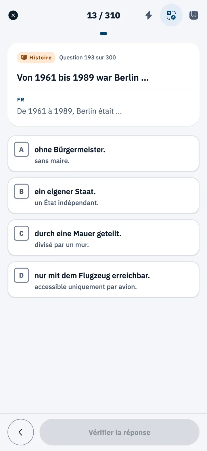 Question de l’Einbürgerungstest en allemand, avec la traduction sous chaque réponse