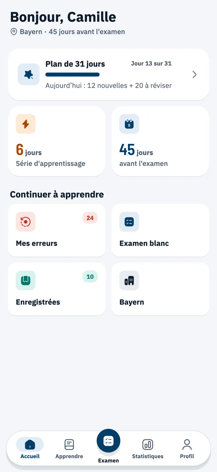 Écran d’accueil avec le Plan d’étude de 31 jours et le compte à rebours avant l’examen