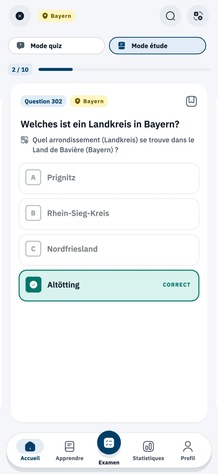 Question de l’Einbürgerungstest sur la Bavière, en mode révision