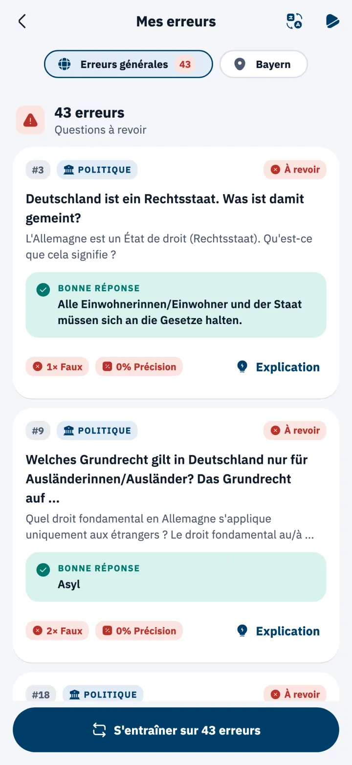 Liste Mes erreurs avec les bonnes réponses