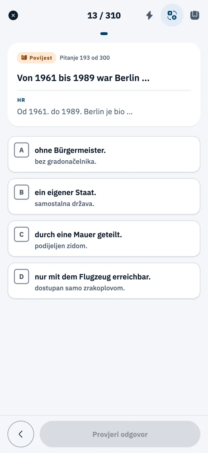 Pitanje iz Einbürgerungstesta na njemačkom s prijevodom ispod svakog odgovora
