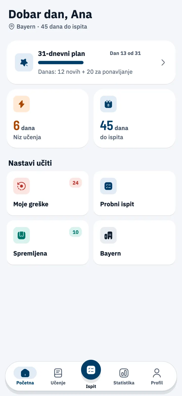 Početni zaslon s 31-dnevnim planom učenja i odbrojavanjem do ispita