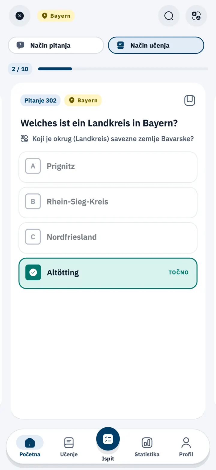 Pitanje iz Einbürgerungstesta o Bavarskoj u načinu učenja