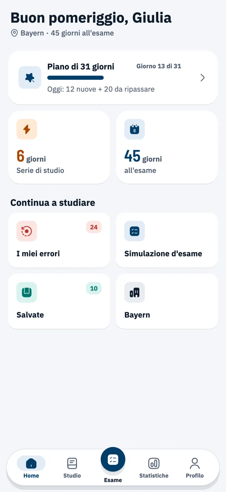 Schermata iniziale con il Piano di studio di 31 giorni e il conto alla rovescia per l’esame
