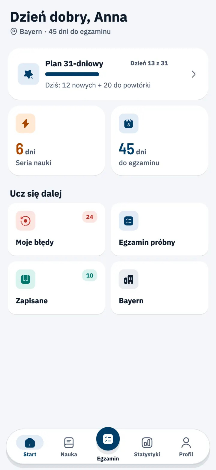 Ekran startowy z 31-dniowym planem nauki i odliczaniem do egzaminu