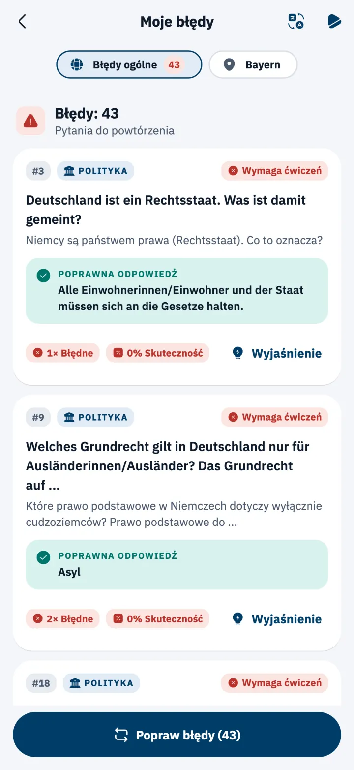 Lista Moje błędy z poprawnymi odpowiedziami