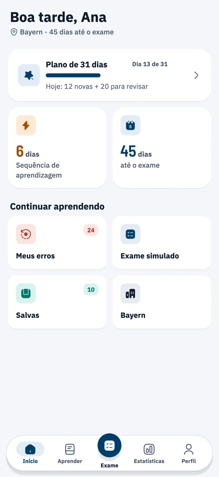 Tela inicial com o Plano de estudo de 31 dias e a contagem regressiva até a prova