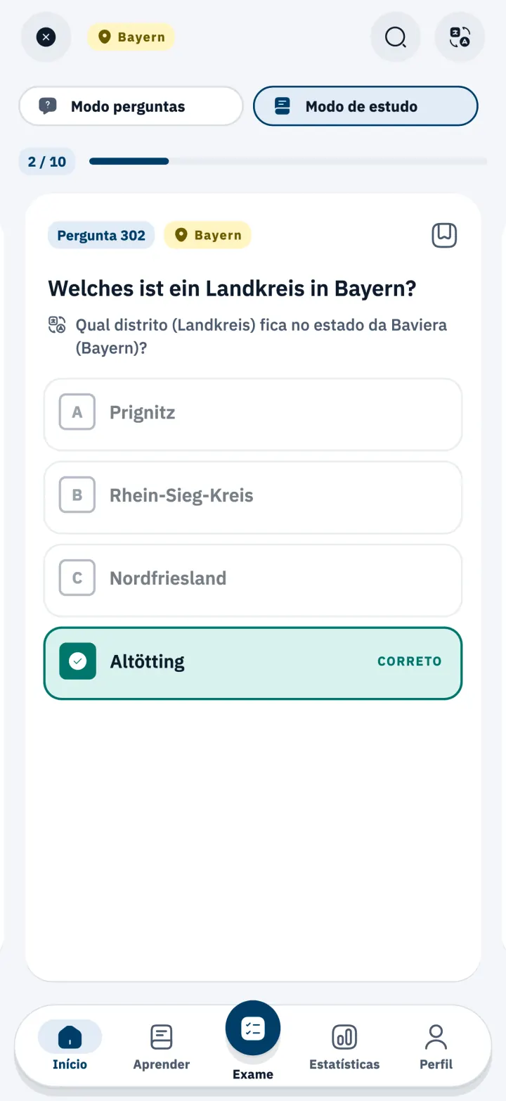 Pergunta do Einbürgerungstest sobre a Baviera no modo de estudo