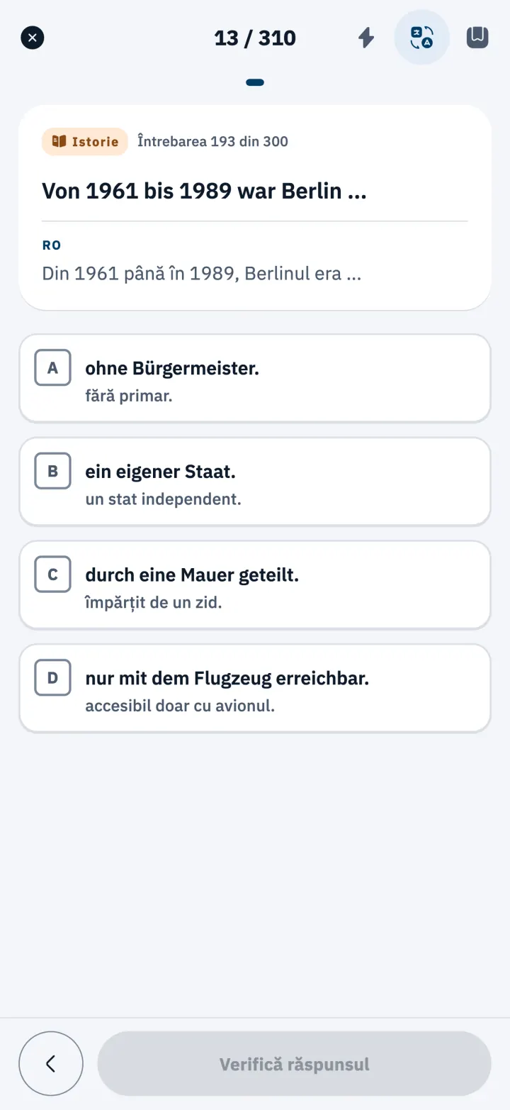 Întrebare din Einbürgerungstest în germană, cu traducere sub fiecare răspuns