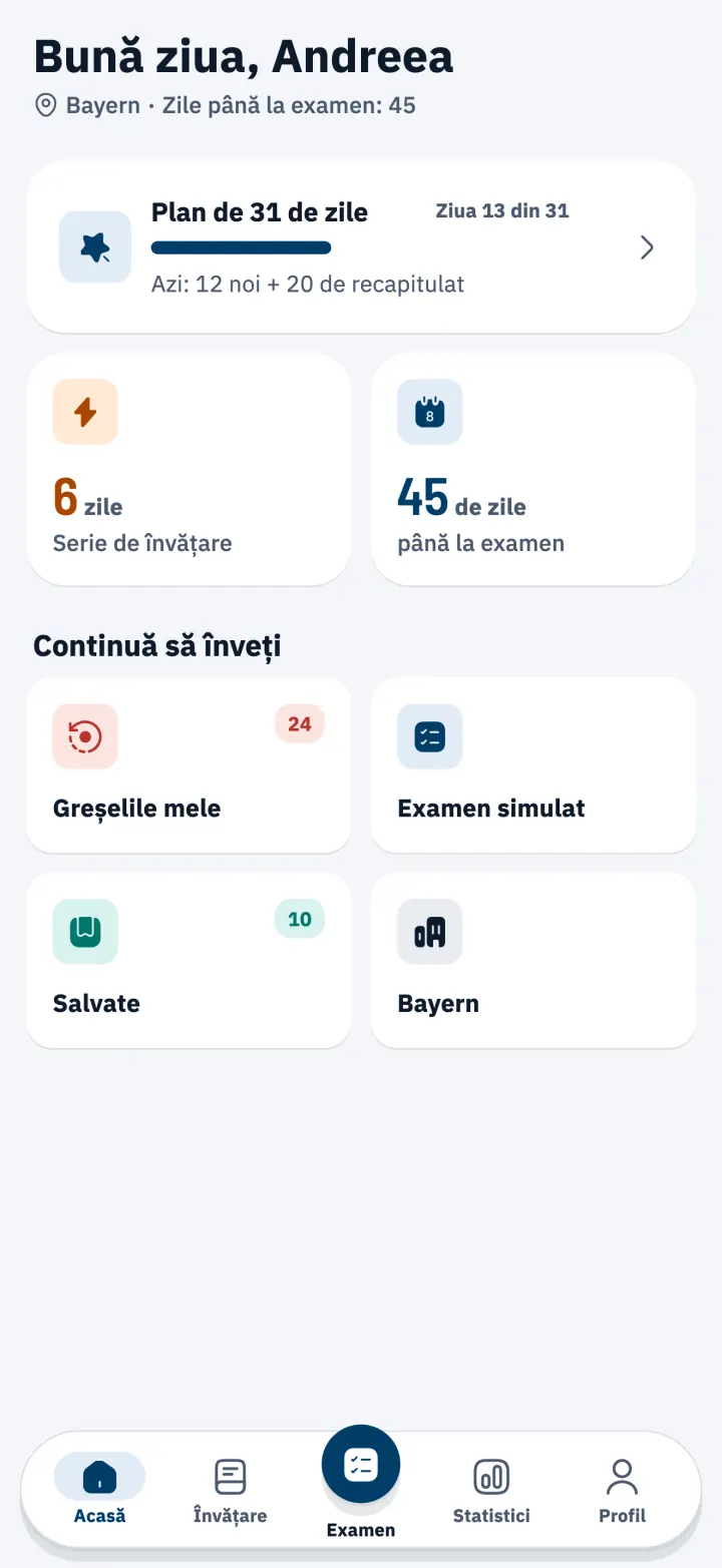 Ecranul de start cu planul de studiu de 31 de zile și numărătoarea inversă până la examen