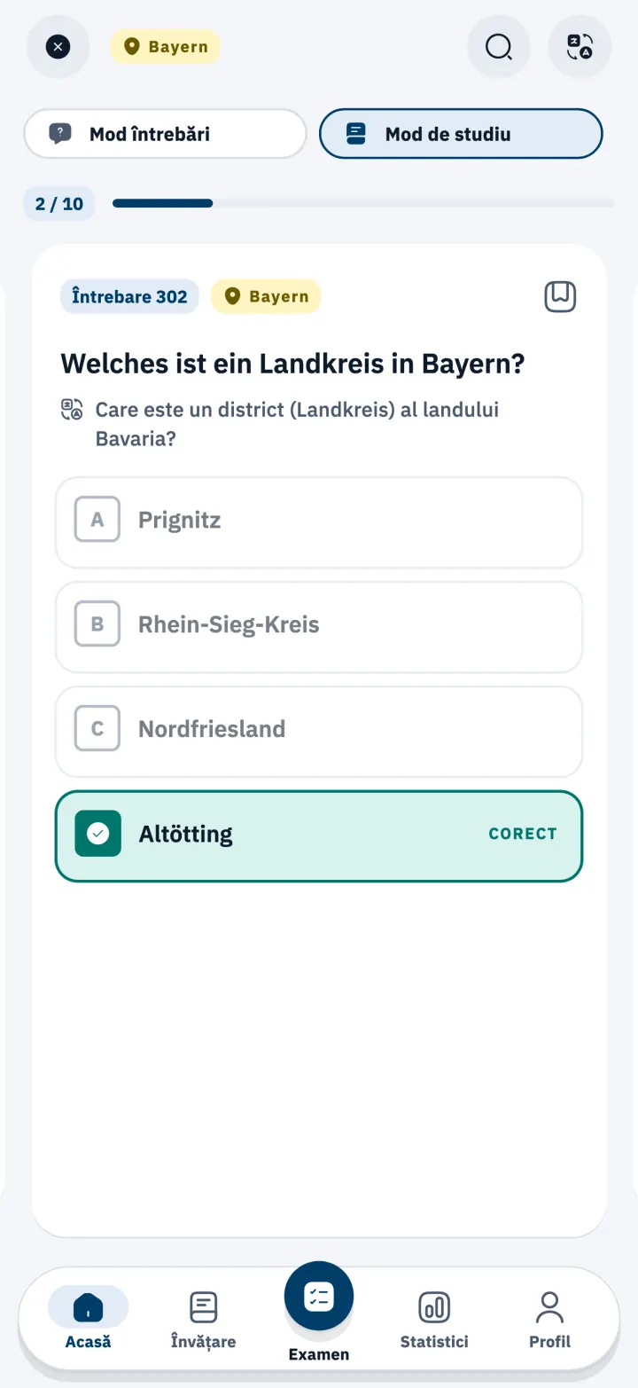 Întrebare din Einbürgerungstest despre landul Bavaria, în modul de învățare