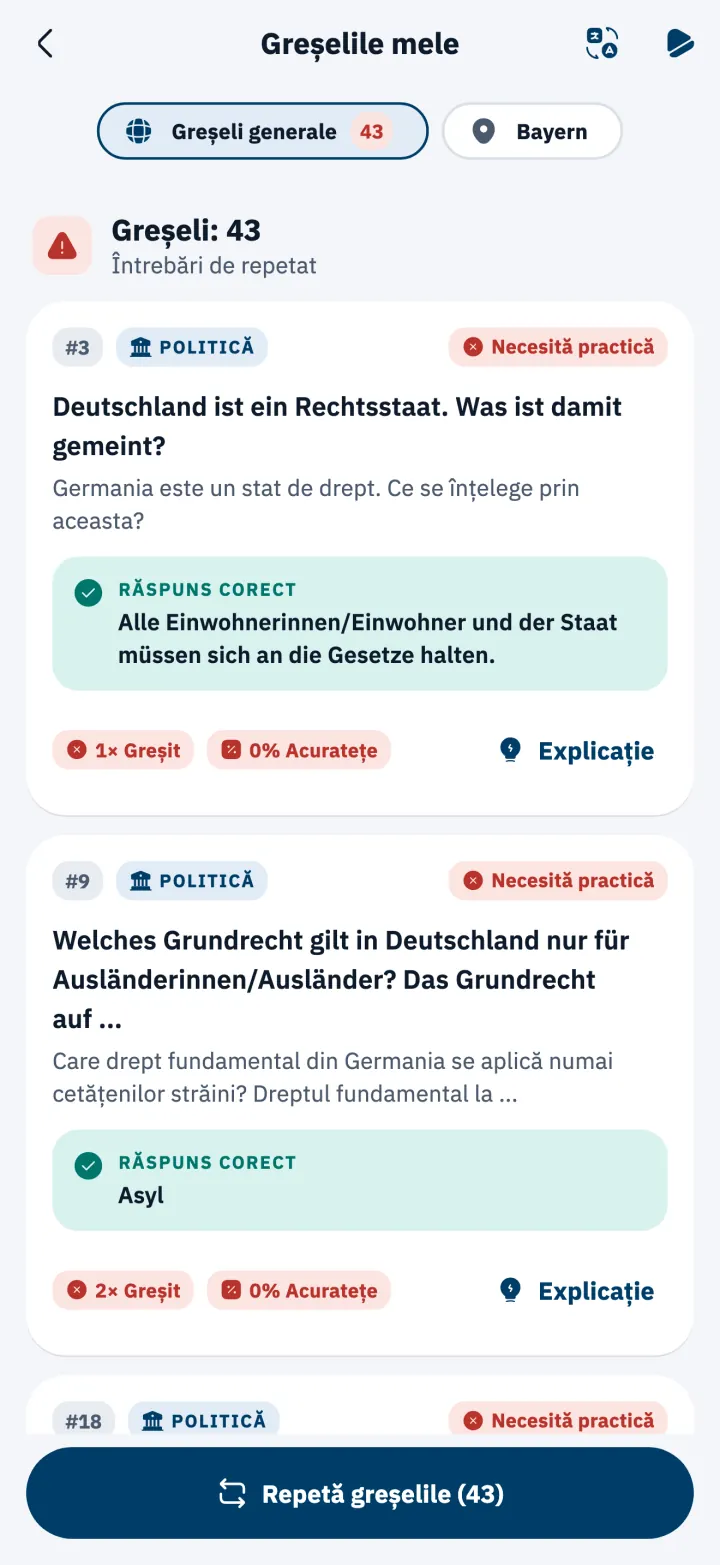 Lista Greșelile mele, cu răspunsurile corecte