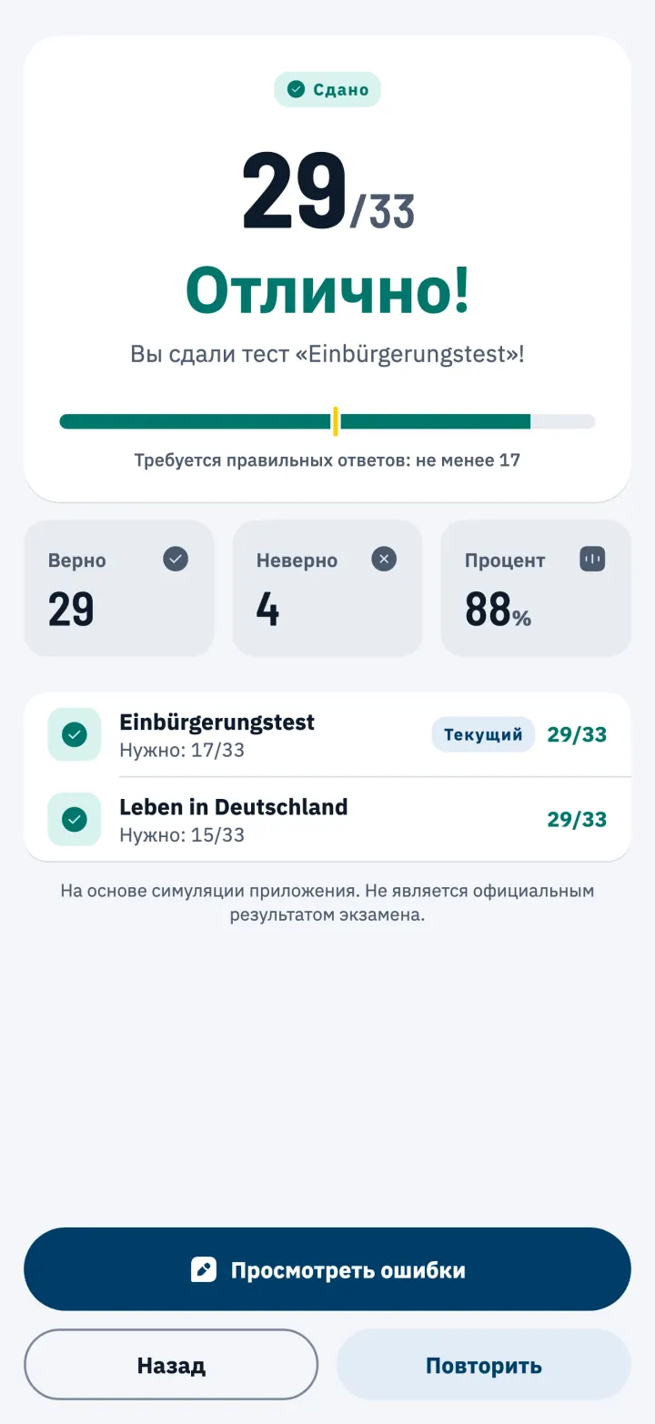 Результат пробного экзамена из 33 вопросов: 29 правильных ответов