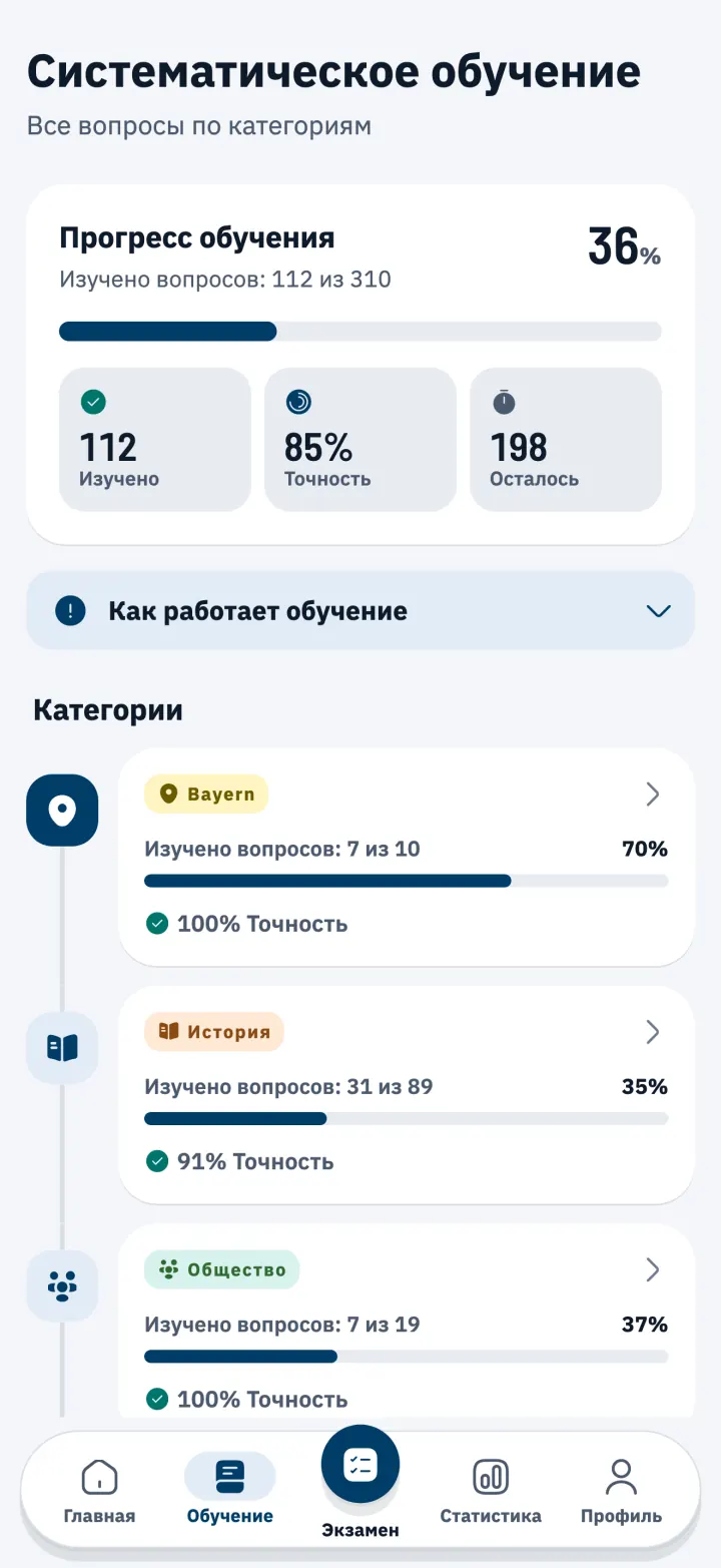 Центр обучения с вопросами теста на гражданство (Einbürgerungstest) по темам