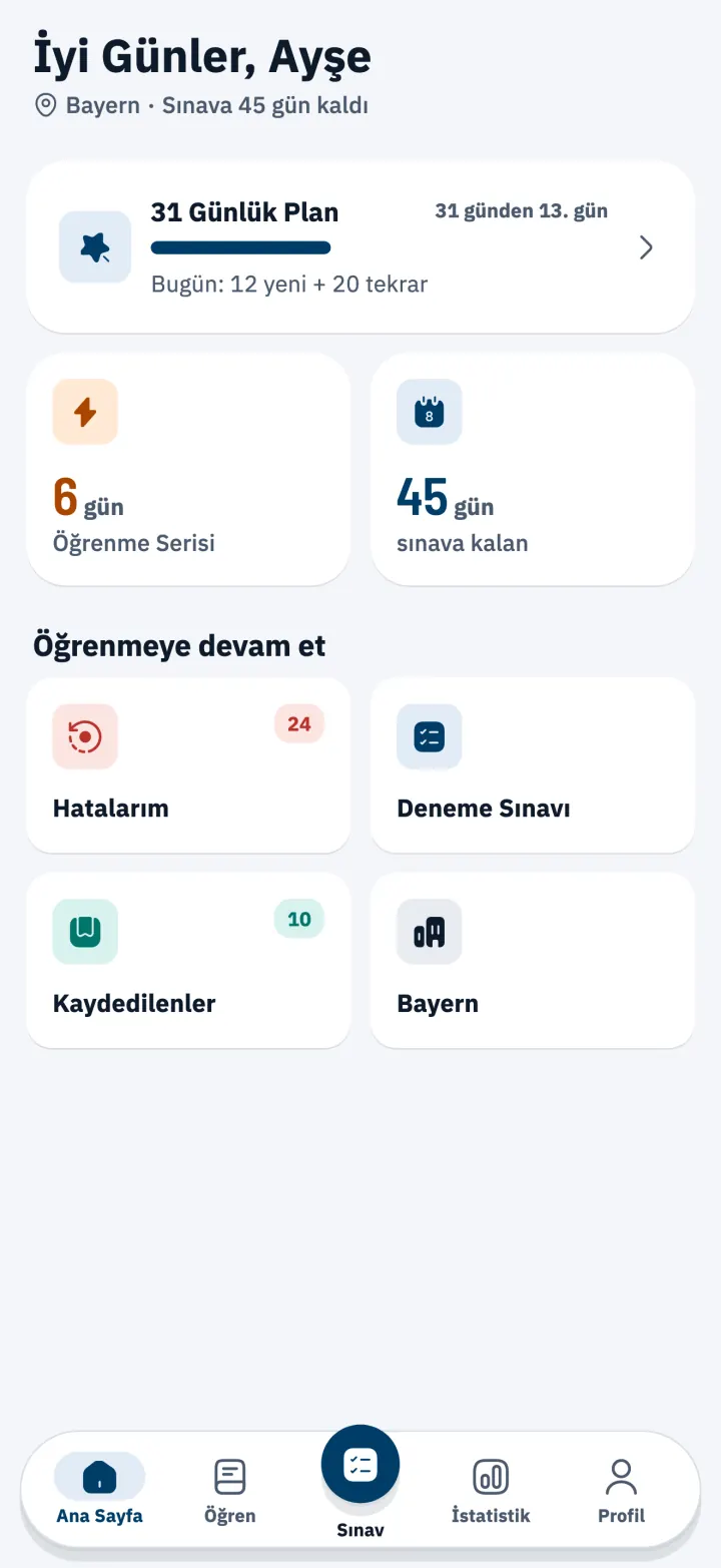 31 Günlük Çalışma Planı ve sınava geri sayım gösteren ana ekran