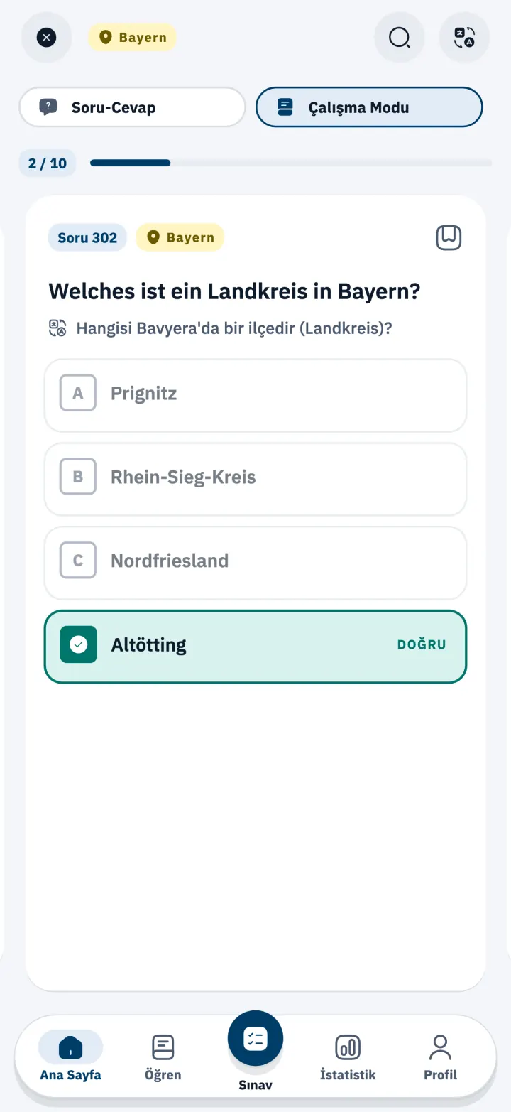 Öğrenme modunda Bavyera eyaletiyle ilgili bir Einbürgerungstest sorusu