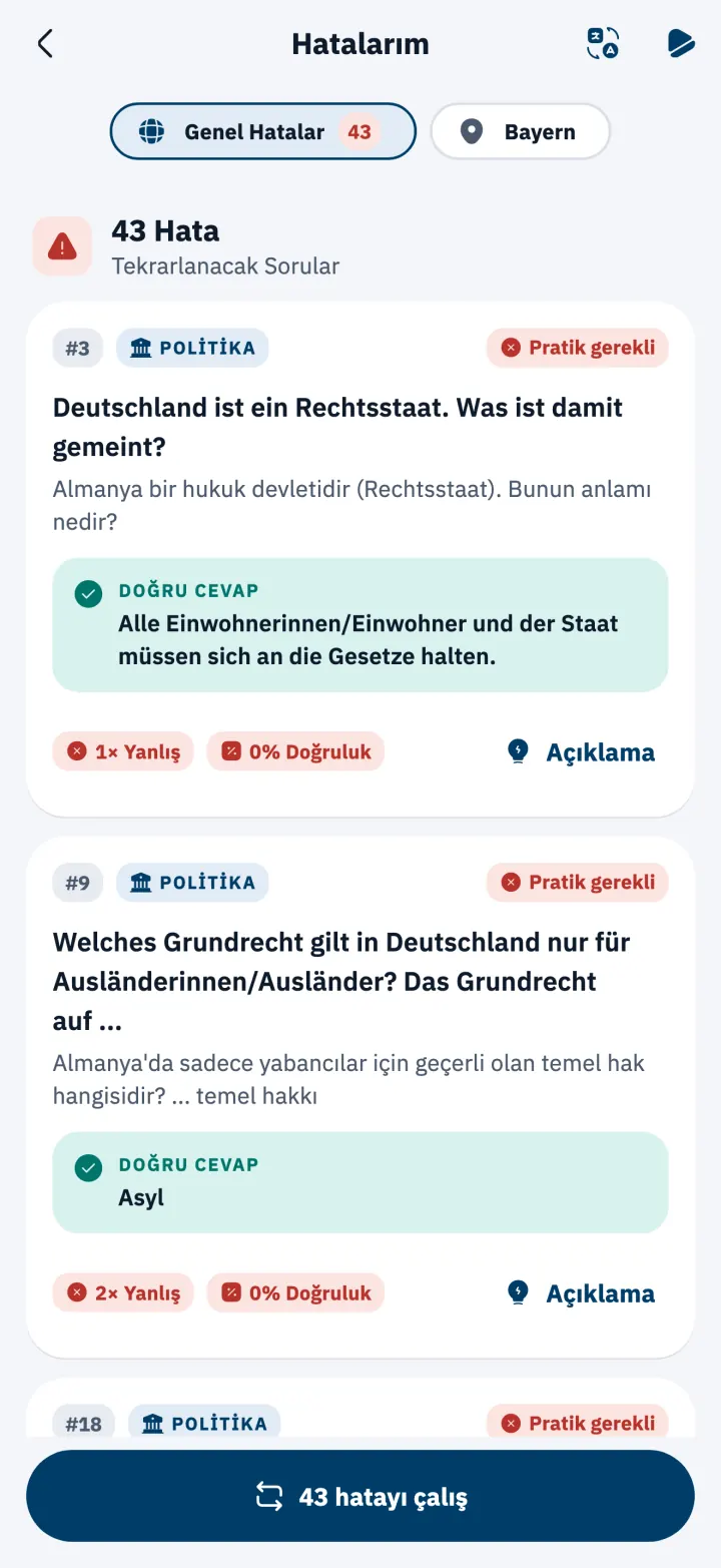 Doğru cevaplarıyla birlikte Hatalarım listesi