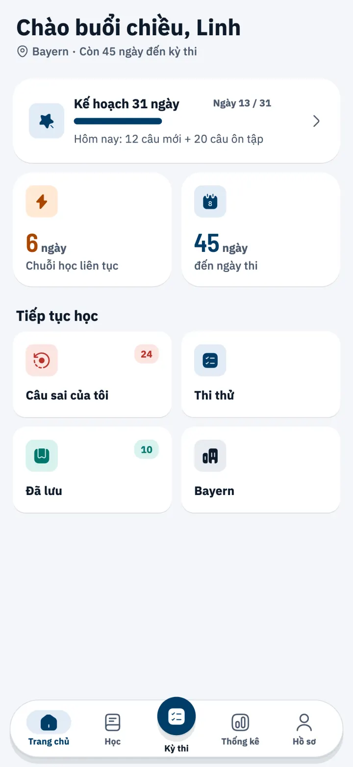 Màn hình chính với Kế hoạch học 31 ngày và đếm ngược đến ngày thi