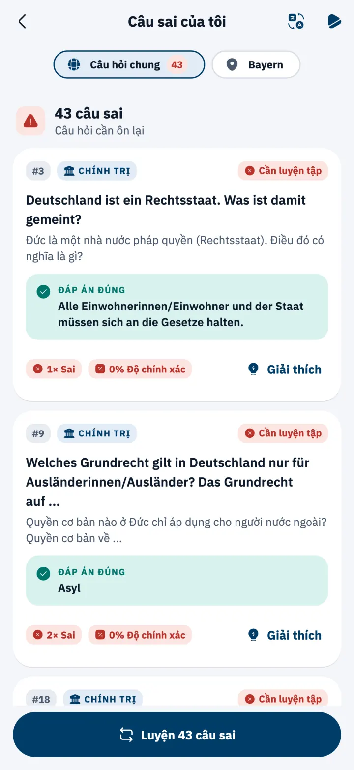 Danh sách Câu sai của tôi kèm đáp án đúng